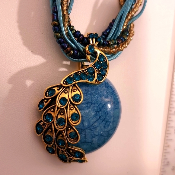 ➡️ see below 5 for $25 BOHO Peacock BEADED Blue  MOONSTONE   Necklace Rare Find - Picture 3 of 6